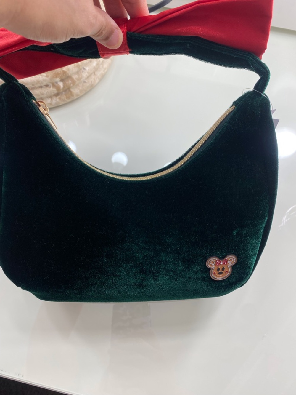Disney Velvet Shoulder Bag in Deep Green with Red Bow
